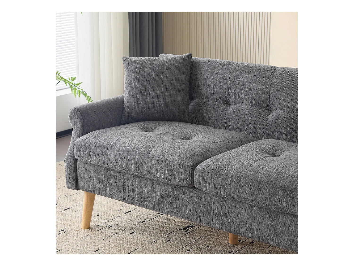 Canapé 2 places gris - Canapé droit avec deux coussins et accoudoirs - chenille - pour le salon et la chambre