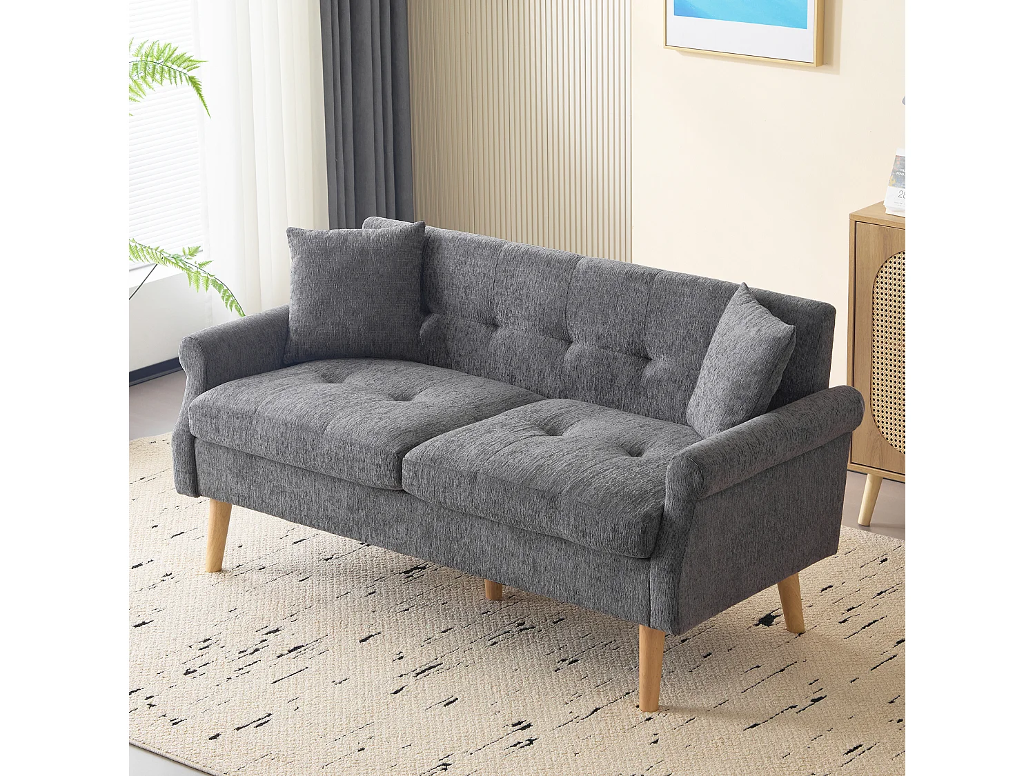 Szara sofa 2-osobowa - Prosta sofa z dwiema poduszkami i podłokietnikami - szenil - do salonu i sypialni