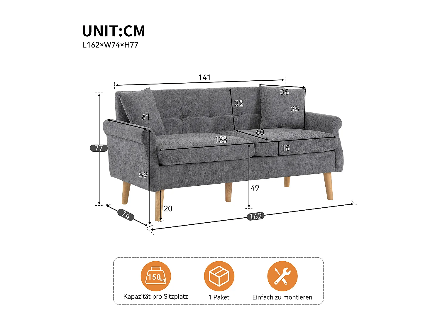 Szara sofa 2-osobowa - Prosta sofa z dwiema poduszkami i podłokietnikami - szenil - do salonu i sypialni