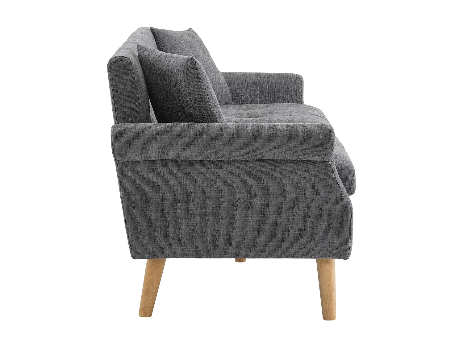 Szara sofa 2-osobowa - Prosta sofa z dwiema poduszkami i podłokietnikami - szenil - do salonu i sypialni