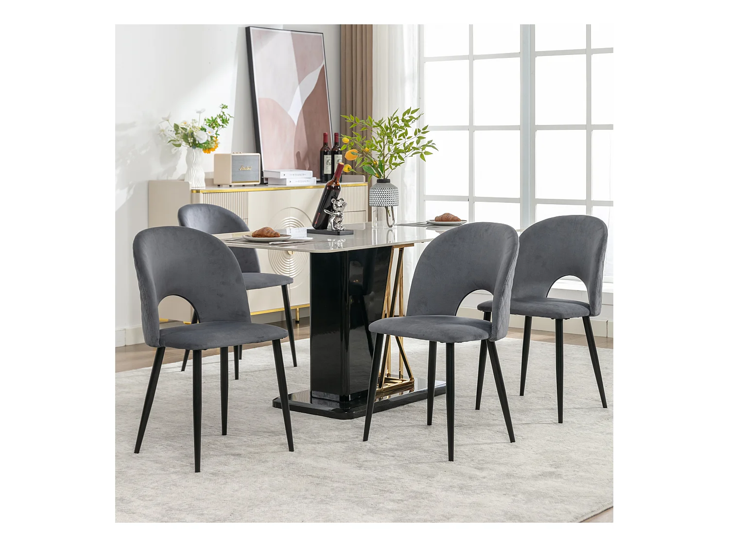 Lot de 4 chaises de salle à manger - Chaise avec dossier et pieds réglables - velours gris