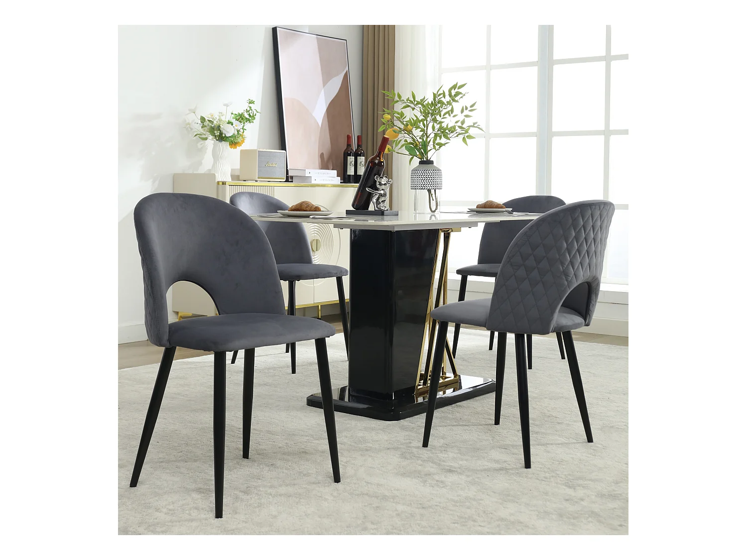 Lot de 4 chaises de salle à manger - Chaise avec dossier et pieds réglables - velours gris