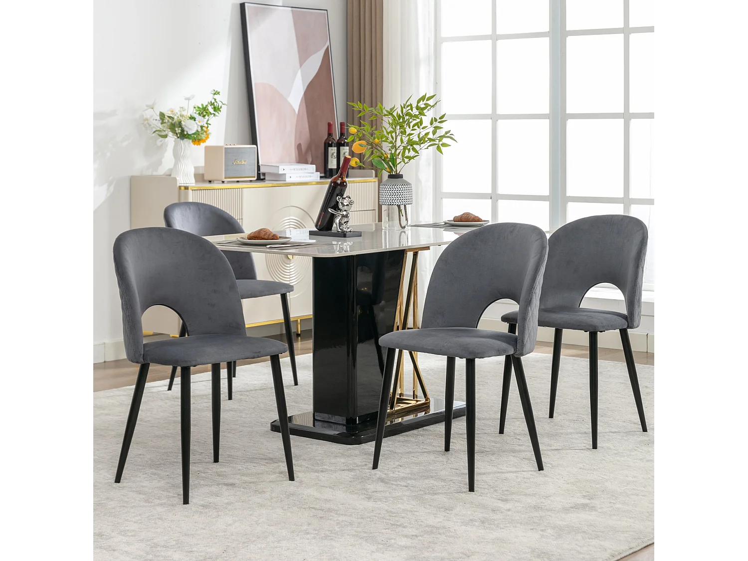 Lot de 4 chaises de salle à manger - Chaise avec dossier et pieds réglables - velours gris