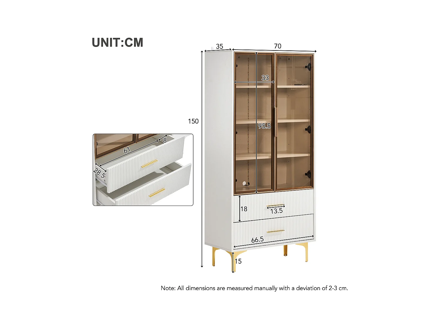 Vitrine bibliothèque LED 2 portes en verre 2 tiroirs de rangement - étagères réglables - blanc (70x35x150 cm)