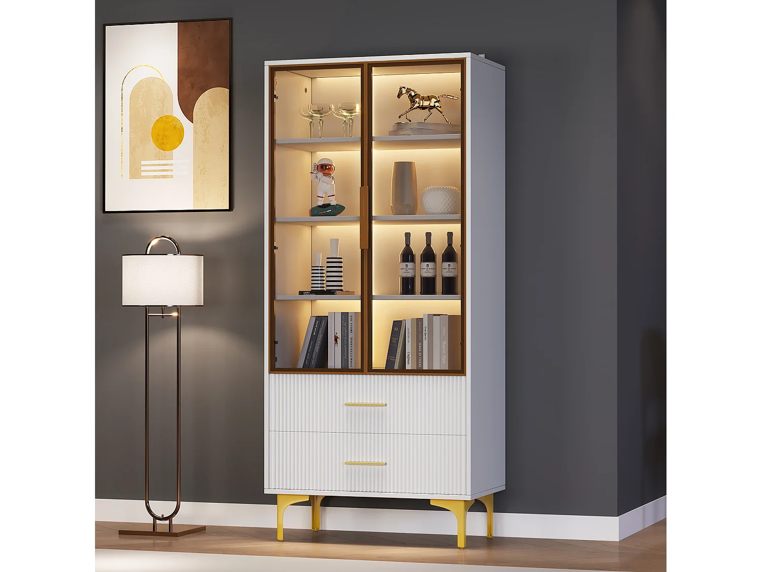 LED boekenkast vitrinekast met 2 glazen deuren en 2 opbergladen - verstelbare planken - wit (70x35x150 cm)