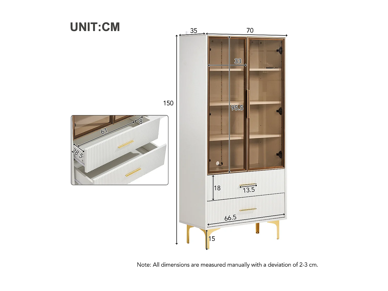 LED boekenkast vitrinekast met 2 glazen deuren en 2 opbergladen - verstelbare planken - wit (70x35x150 cm)