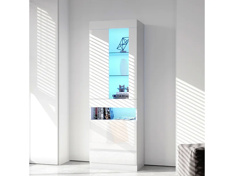 Librería expositora LED con 2 puertas y estantes de cristal - mueble de almacenaje - madera - blanco (50x40x180 cm)