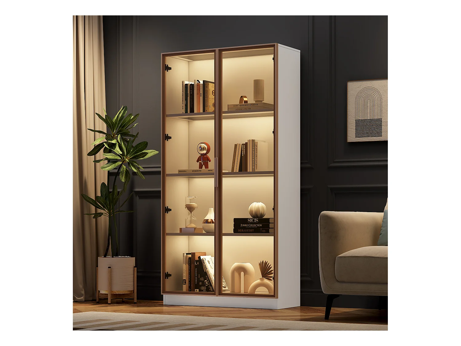 LED boekenkast vitrinekast met 2 glazen deuren en opbergruimte - verstelbare planken - wit (80x40x160 cm)