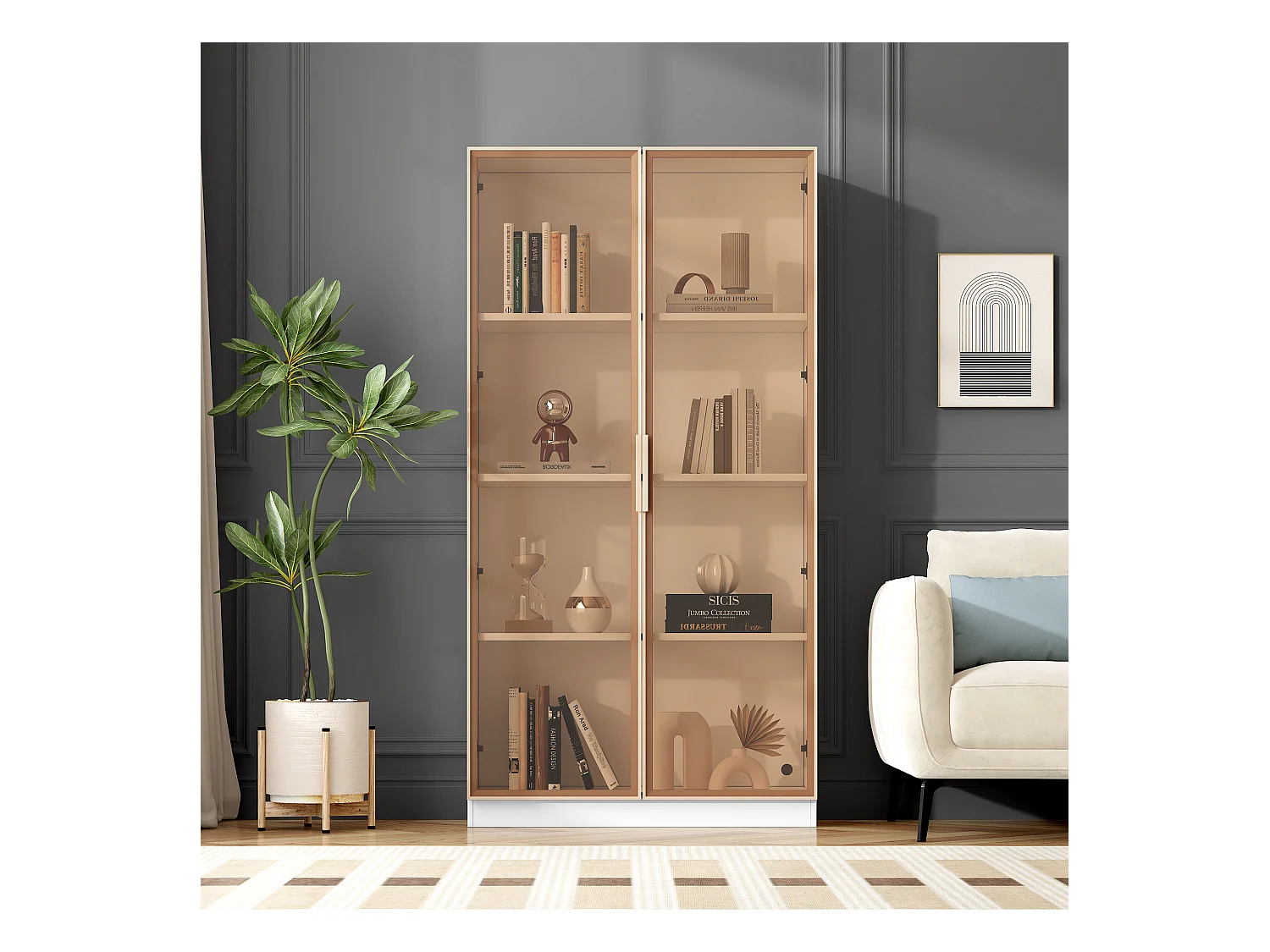 LED boekenkast vitrinekast met 2 glazen deuren en opbergruimte - verstelbare planken - wit (80x40x160 cm)