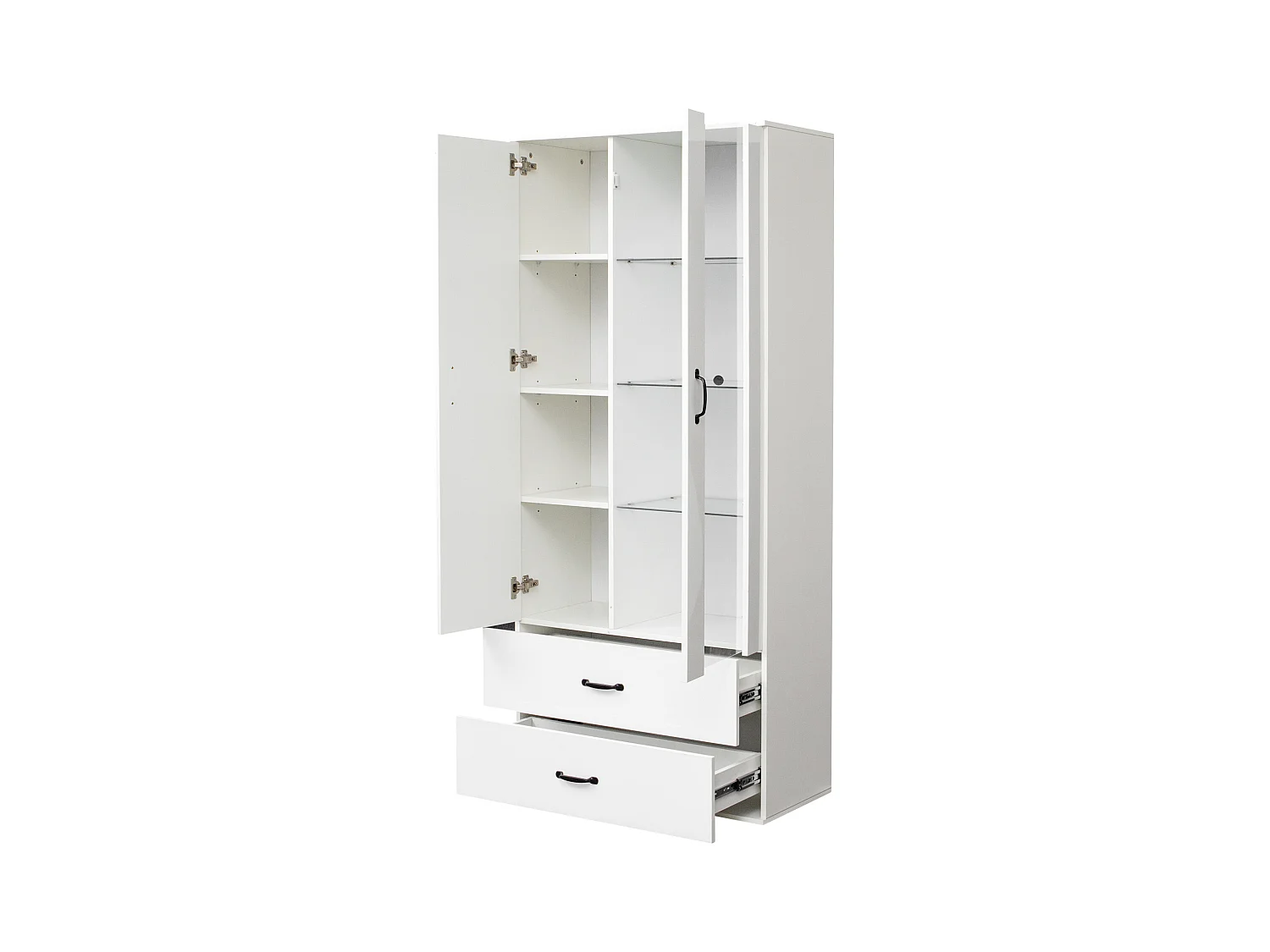 LED boekenkast vitrinekast met 2 deuren, 2 lades en glazen planken - opbergmeubel - hout - wit (59,5x35x182 cm)