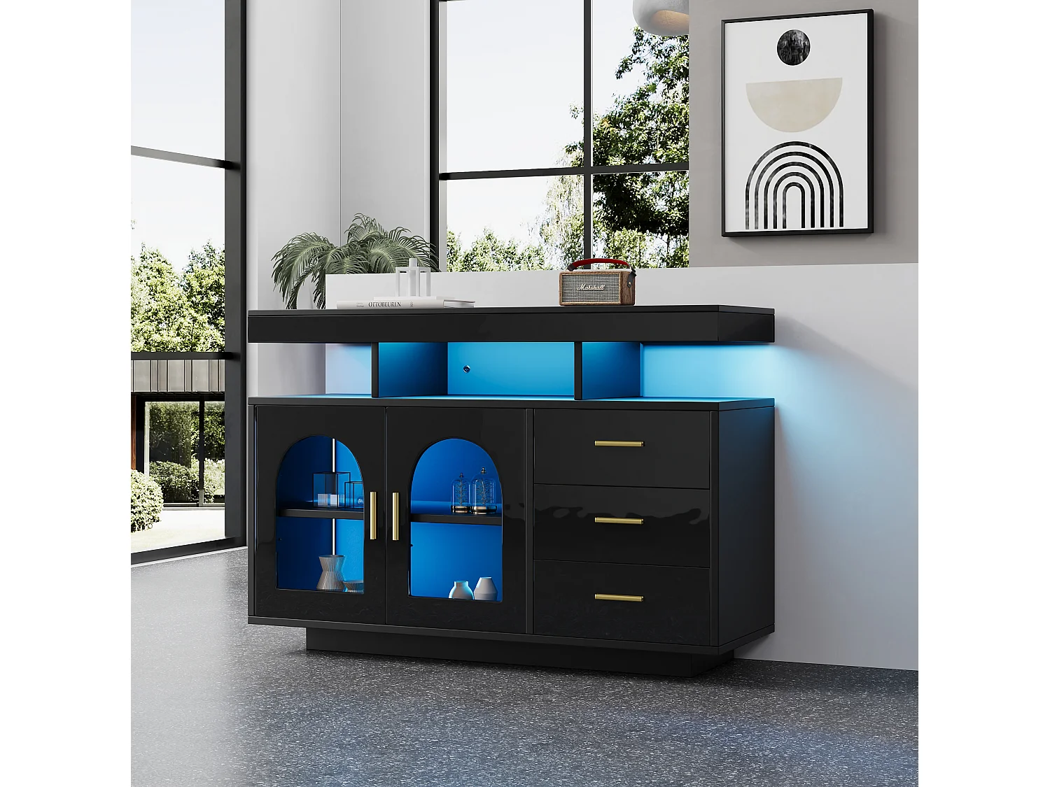 LED eetkamer dressoir met 2 deuren, 3 lades en open opbergruimte - hout - zwart (120x40x80 cm)
