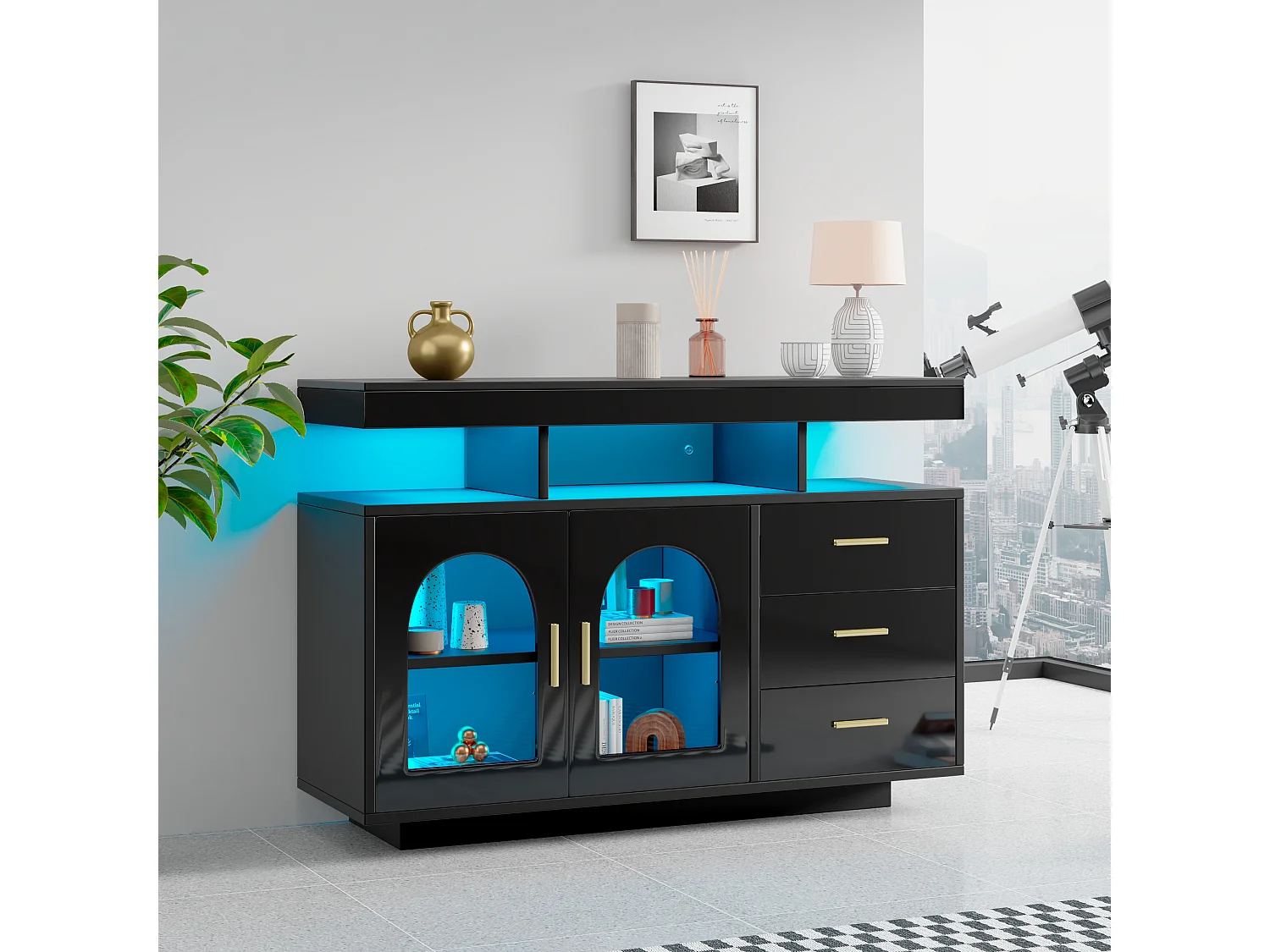 LED eetkamer dressoir met 2 deuren, 3 lades en open opbergruimte - hout - zwart (120x40x80 cm)