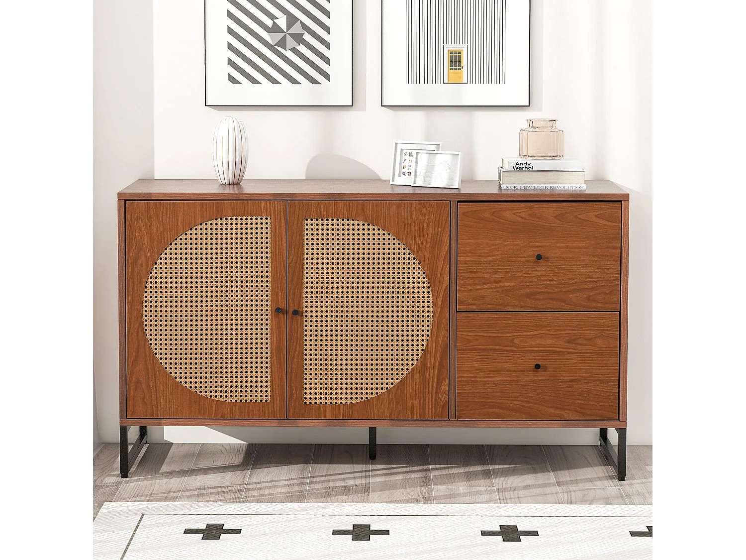 Eetkamerdressoir van hout met 2 rotandeuren en 2 opberglades - metalen handgrepen en poten - walnoot (130x40x75 cm)