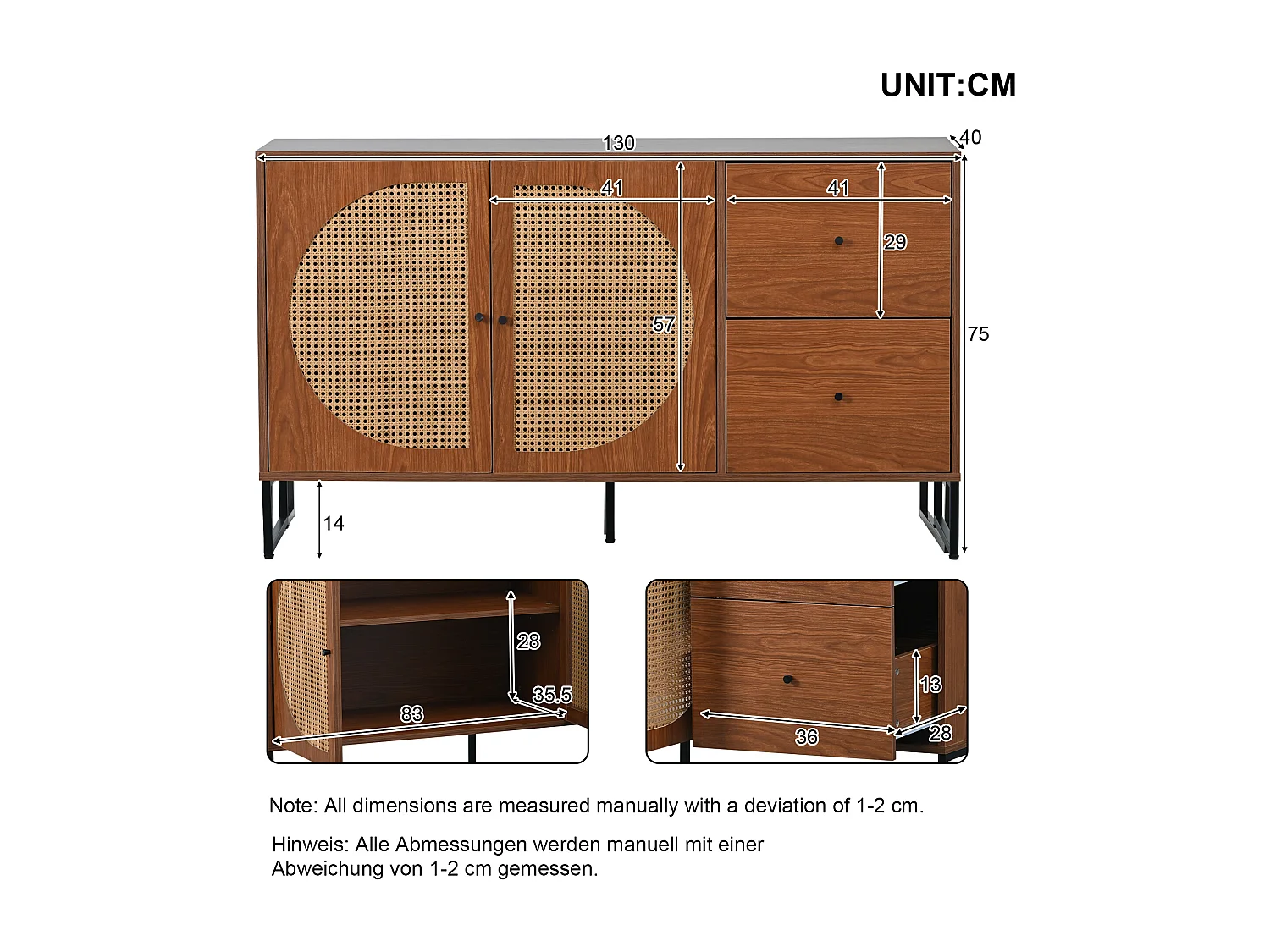 Eetkamerdressoir van hout met 2 rotandeuren en 2 opberglades - metalen handgrepen en poten - walnoot (130x40x75 cm)