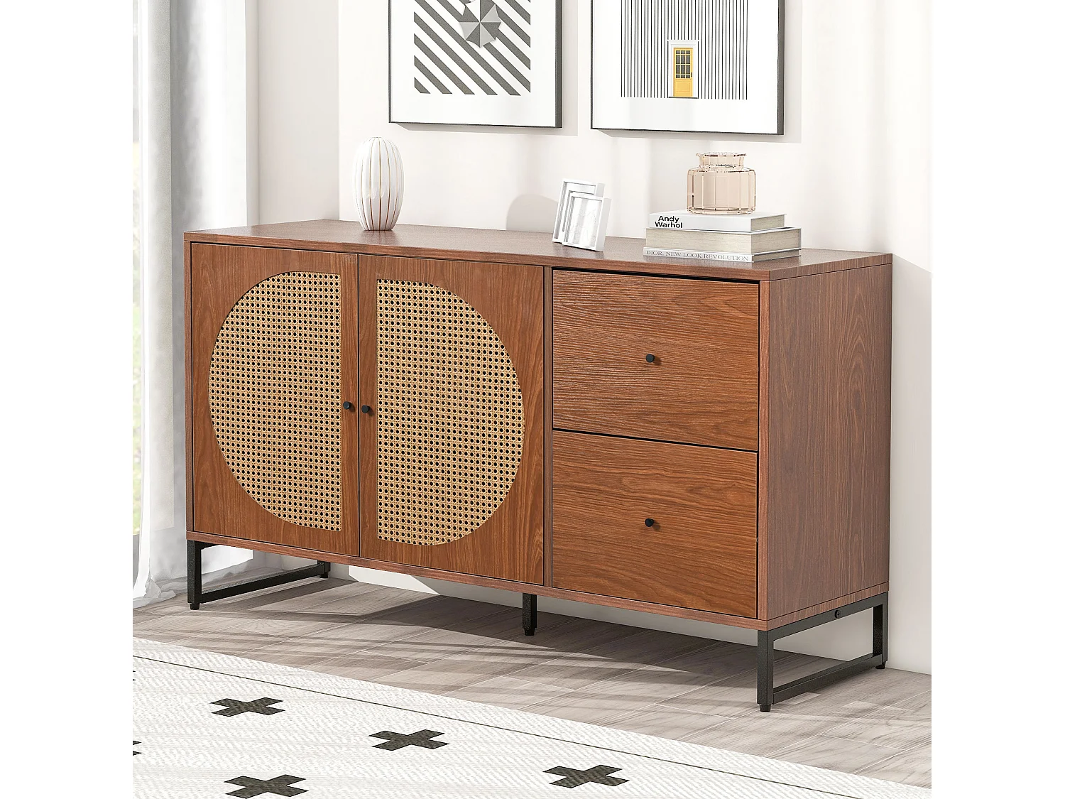 Eetkamerdressoir van hout met 2 rotandeuren en 2 opberglades - metalen handgrepen en poten - walnoot (130x40x75 cm)