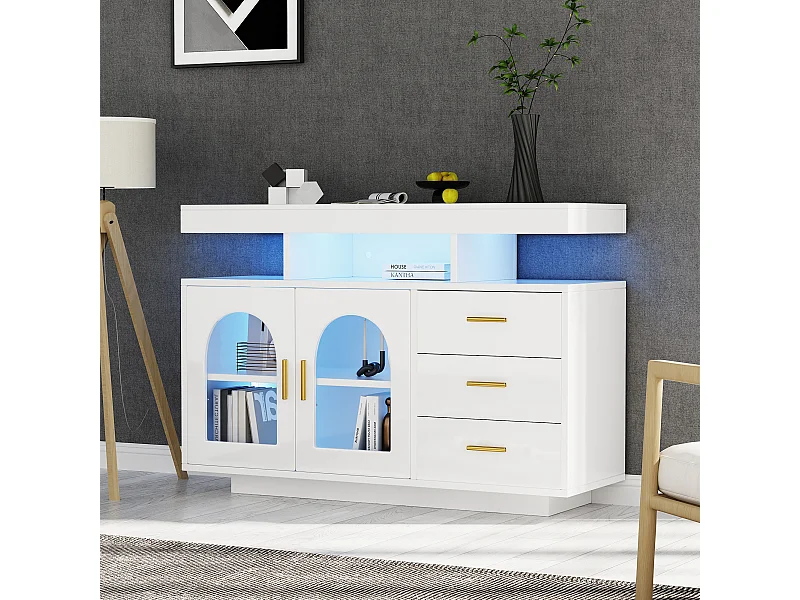 LED eetkamer dressoir met 2 deuren, 3 lades en open opbergruimte - hout - wit (120x40x80 cm)