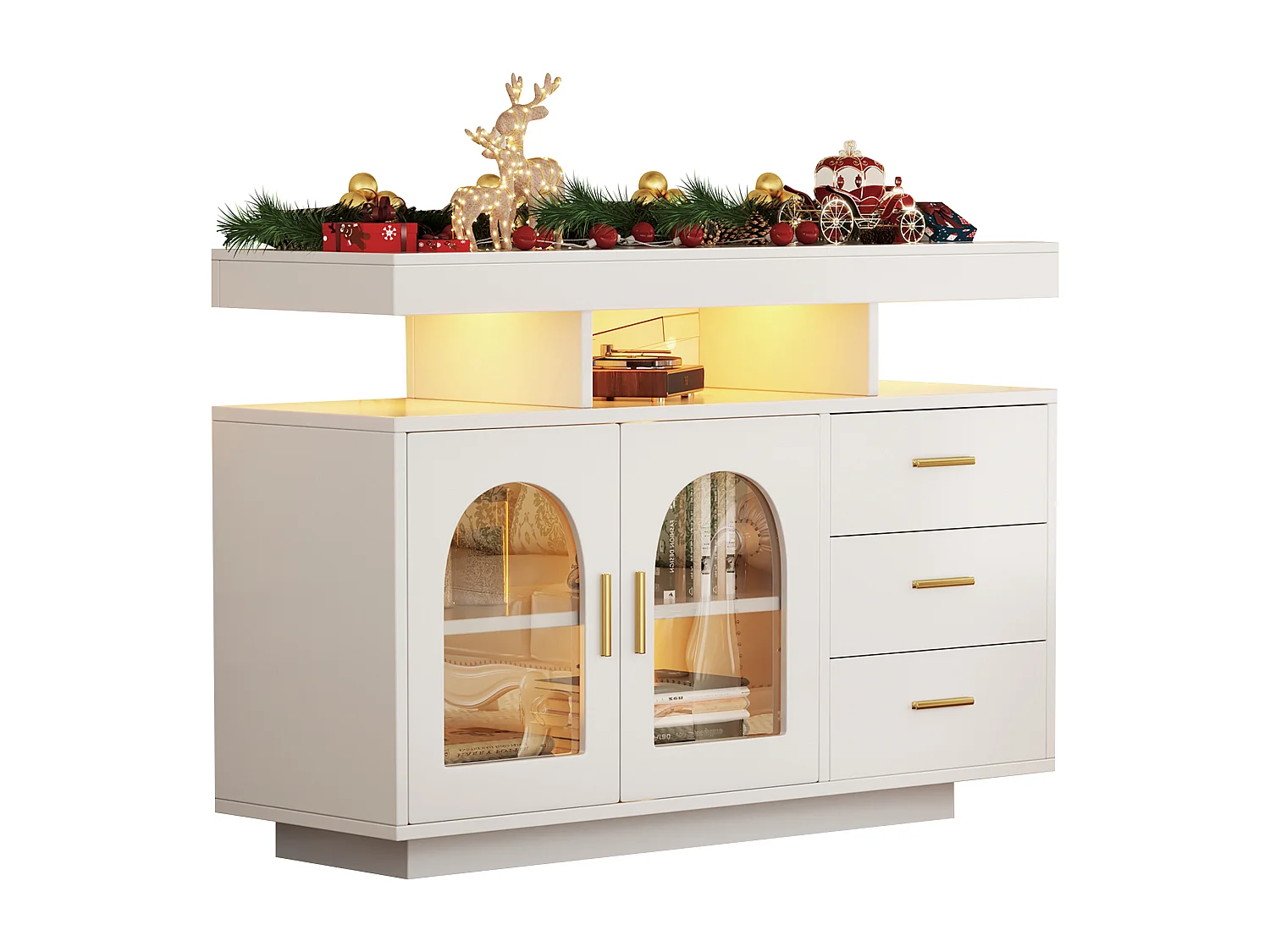 LED eetkamer dressoir met 2 deuren, 3 lades en open opbergruimte - hout - wit (120x40x80 cm)