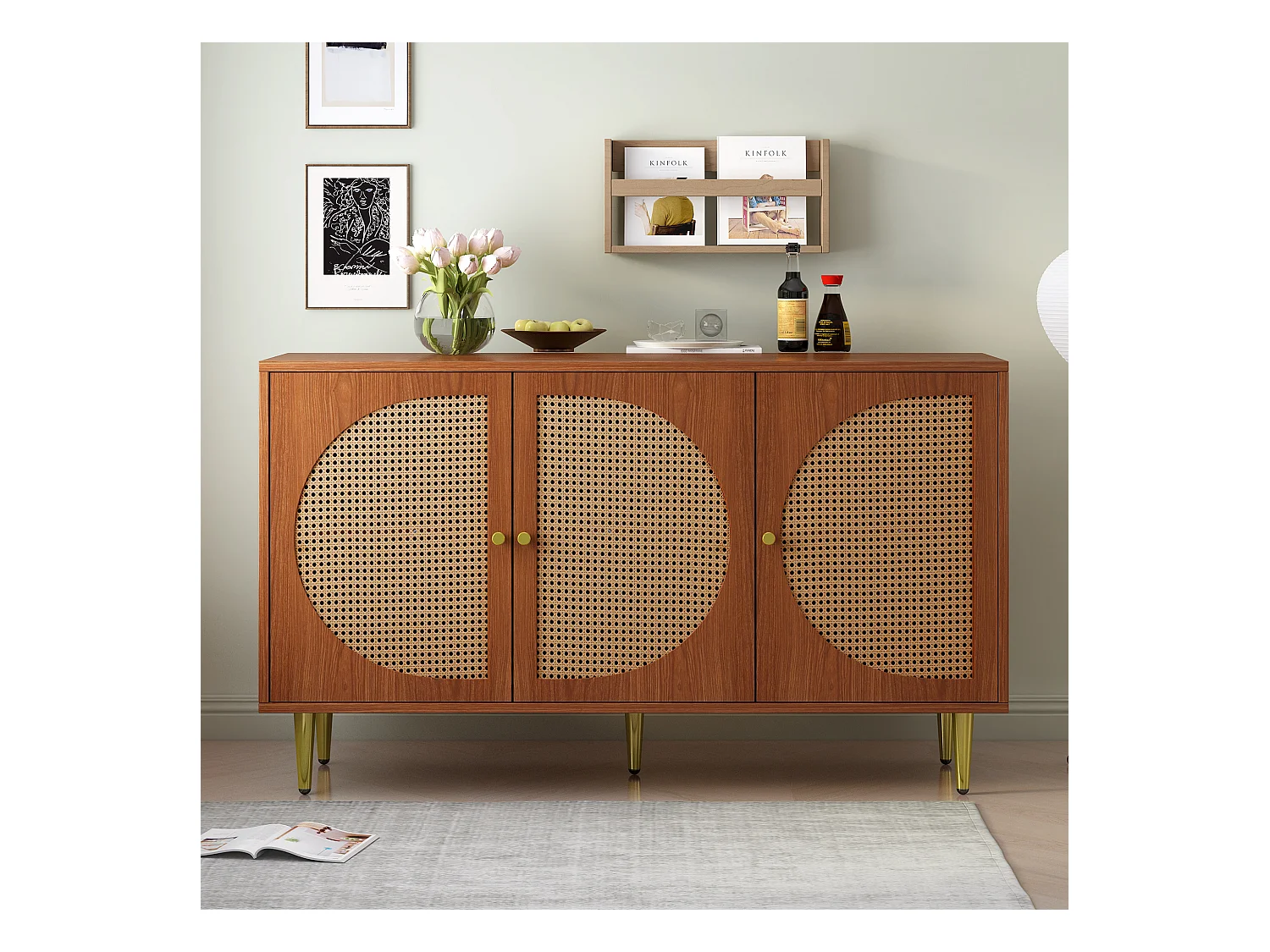 Buffet 129.8x40x76 cm bois 3 portes en rotin meuble de rangement- pieds en métal - noyer