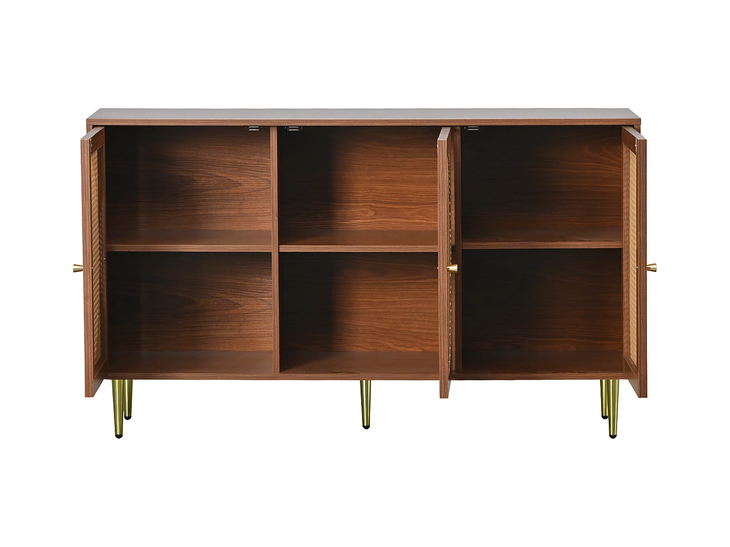 Buffet 129.8x40x76 cm bois 3 portes en rotin meuble de rangement- pieds en métal - noyer