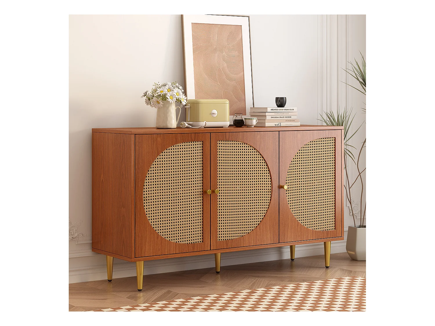 Buffet 129.8x40x76 cm bois 3 portes en rotin meuble de rangement- pieds en métal - noyer