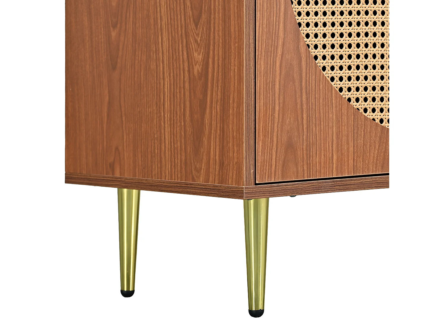 Eetkamerdressoir van hout met 3 rotandeuren en opbergruimte - metalen poten - walnoot (129,8 x 40 x 76 cm)