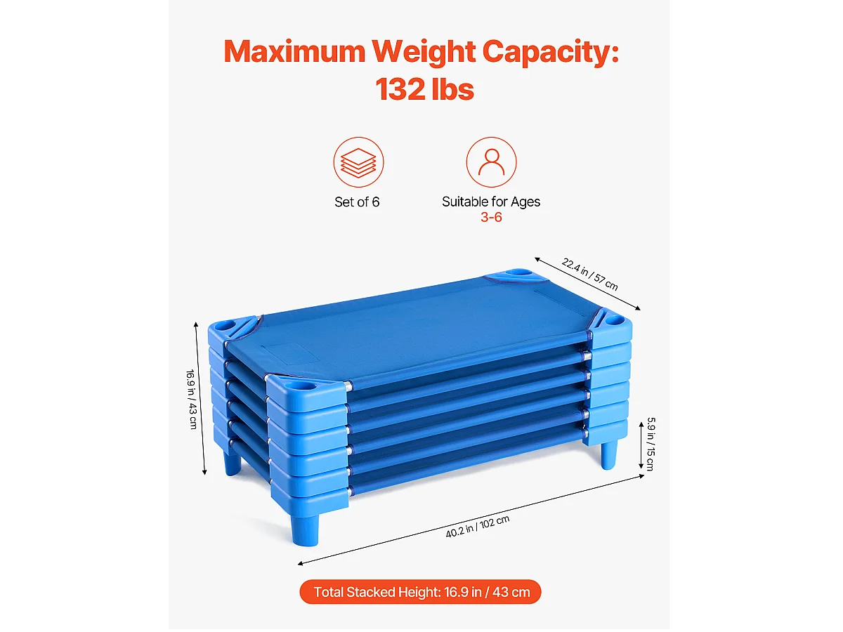 Lit Bébé SucceBuy Empilable, 107 x 58 cm, Bleu, Lot de 6, pour Garderie, École Maternelle et Salle de Classe