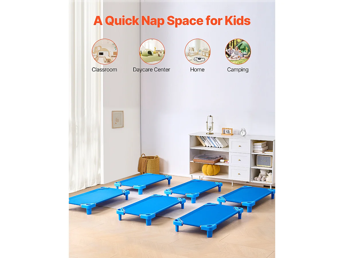 Lit Bébé SucceBuy Empilable, 107 x 58 cm, Bleu, Lot de 6, pour Garderie, École Maternelle et Salle de Classe