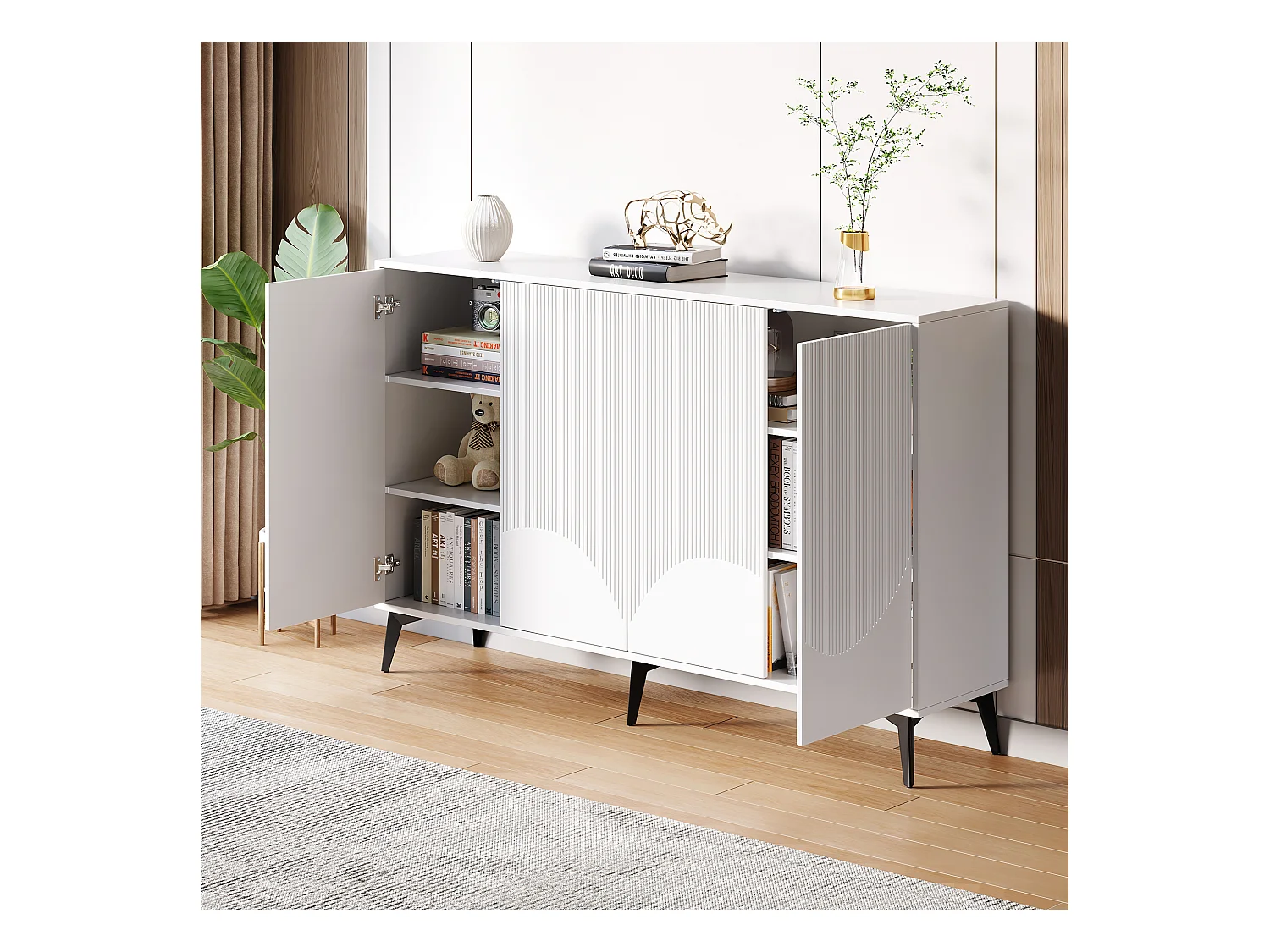 Buffet 160x35x100 cm avec 4 portes meuble de rangement - étagères réglables - bois - blanc