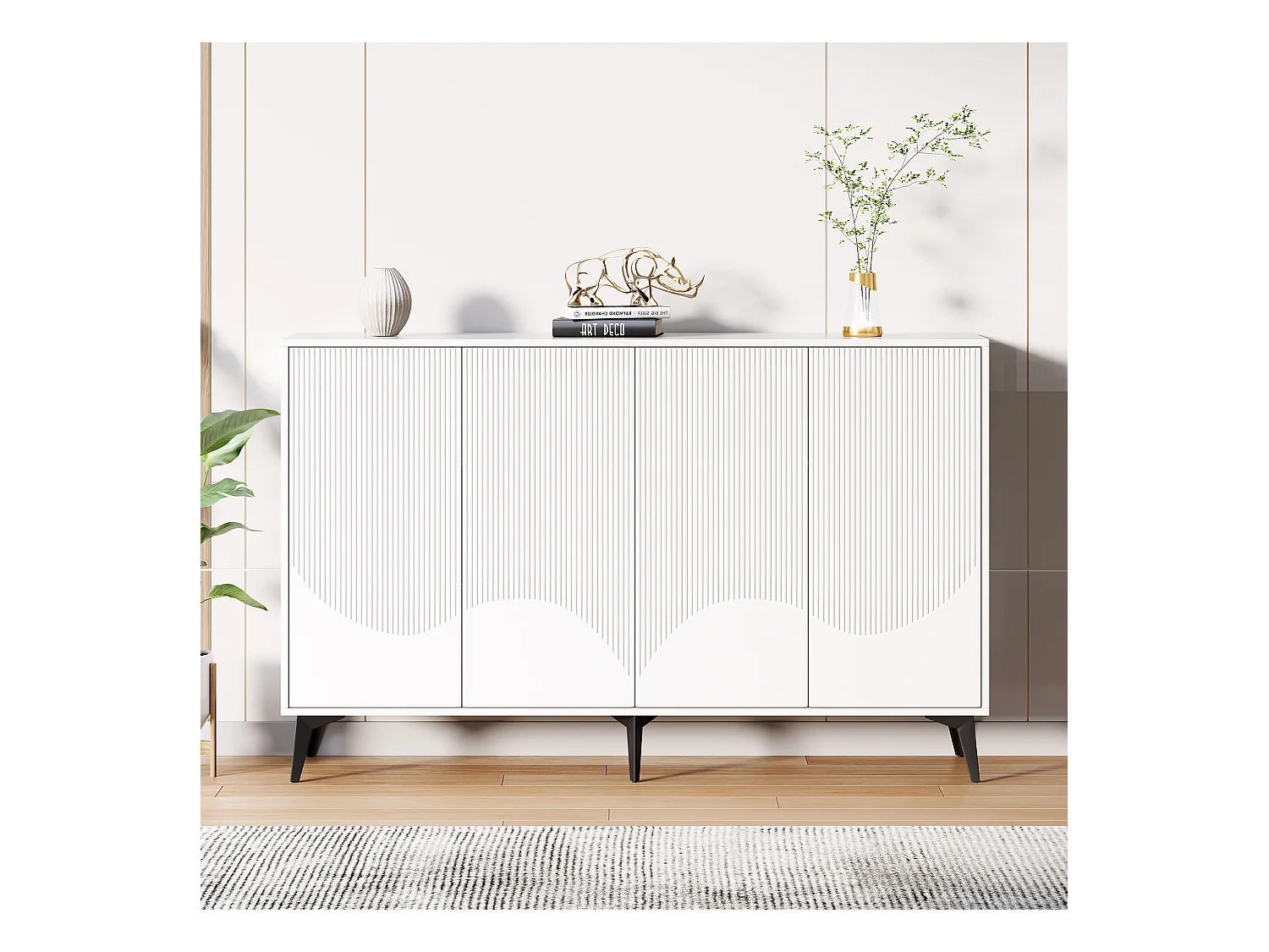 Buffet 160x35x100 cm avec 4 portes meuble de rangement - étagères réglables - bois - blanc