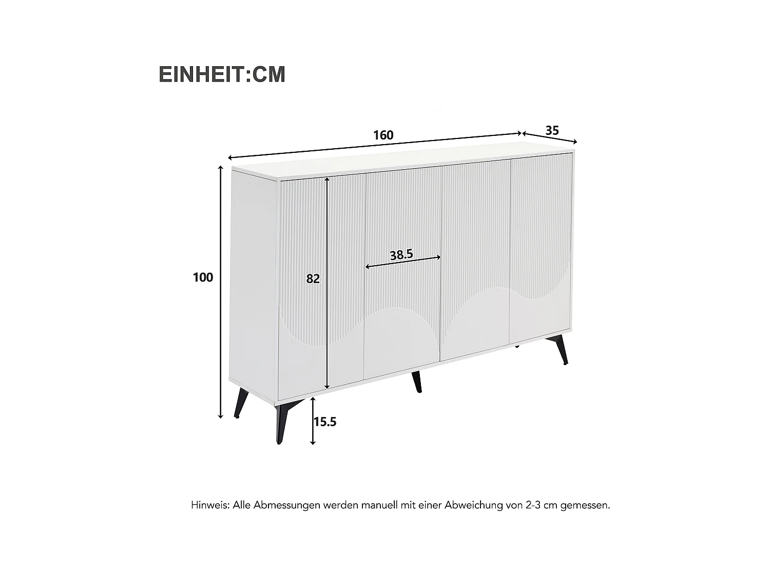 Buffet 160x35x100 cm avec 4 portes meuble de rangement - étagères réglables - bois - blanc