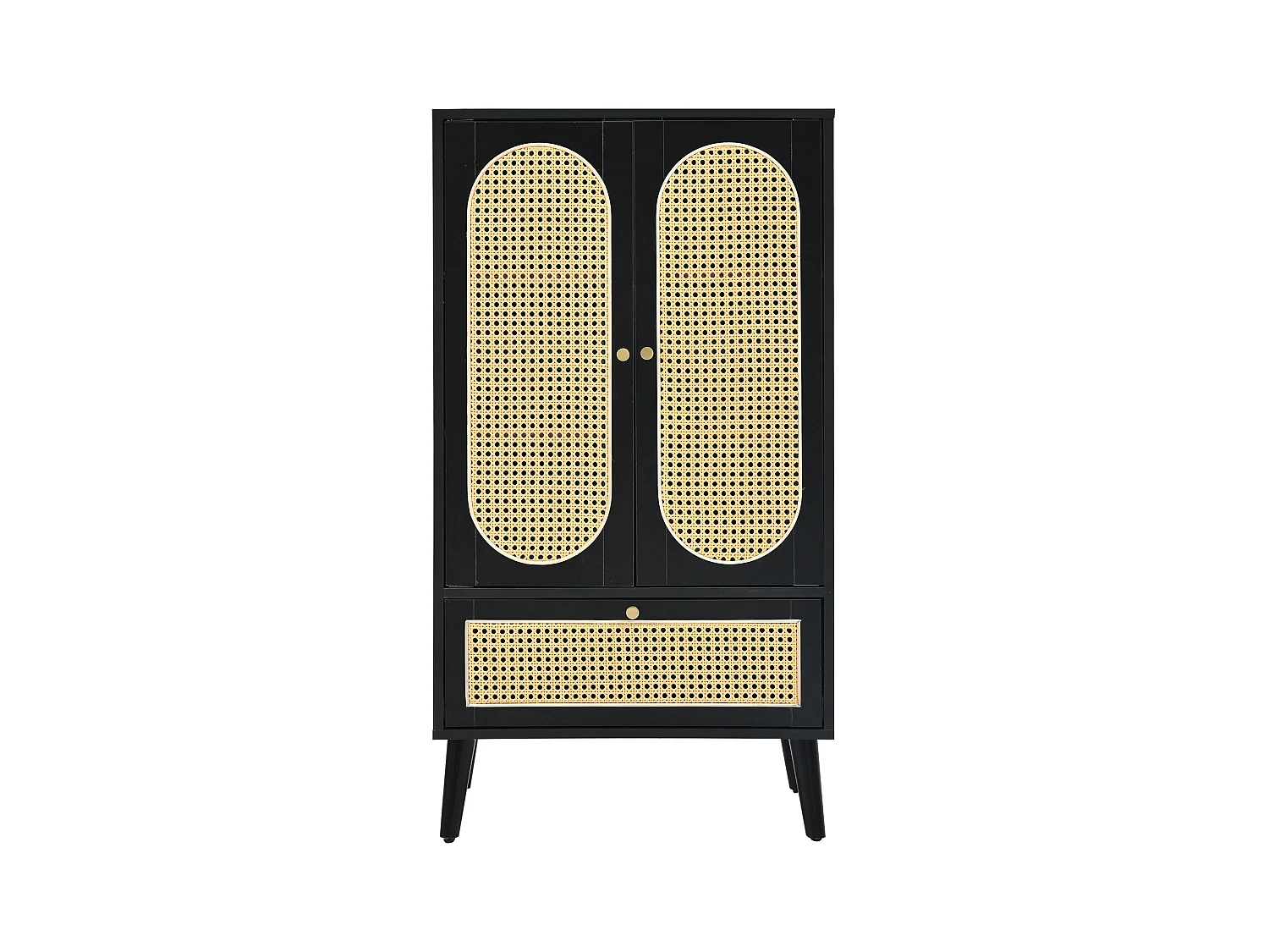 Buffet rotin 60x40x110.5 cm avec 2 portes 1 tiroir de rangement - pieds réglables - bois - noir