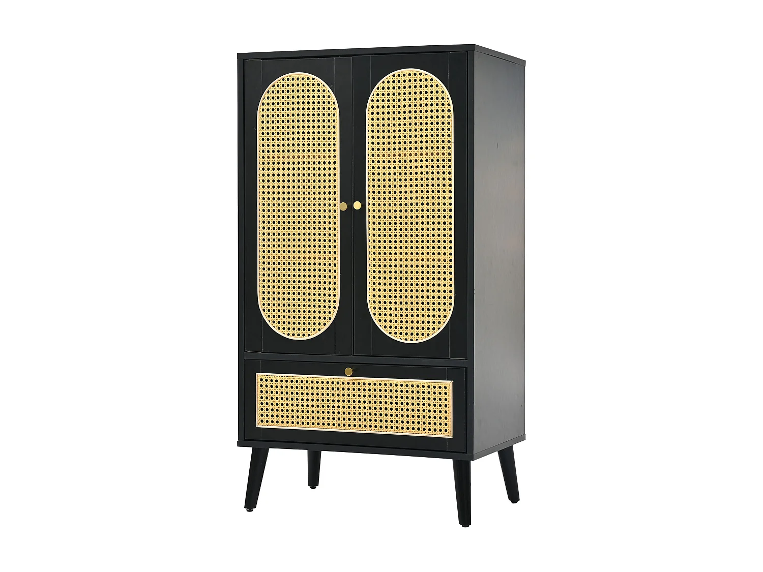 Buffet rotin 60x40x110.5 cm avec 2 portes 1 tiroir de rangement - pieds réglables - bois - noir