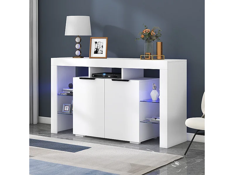 LED eetkamer dressoir met 2 deuren, 4 glazen planken en open opbergruimte - hout - wit (140x40x80 cm)