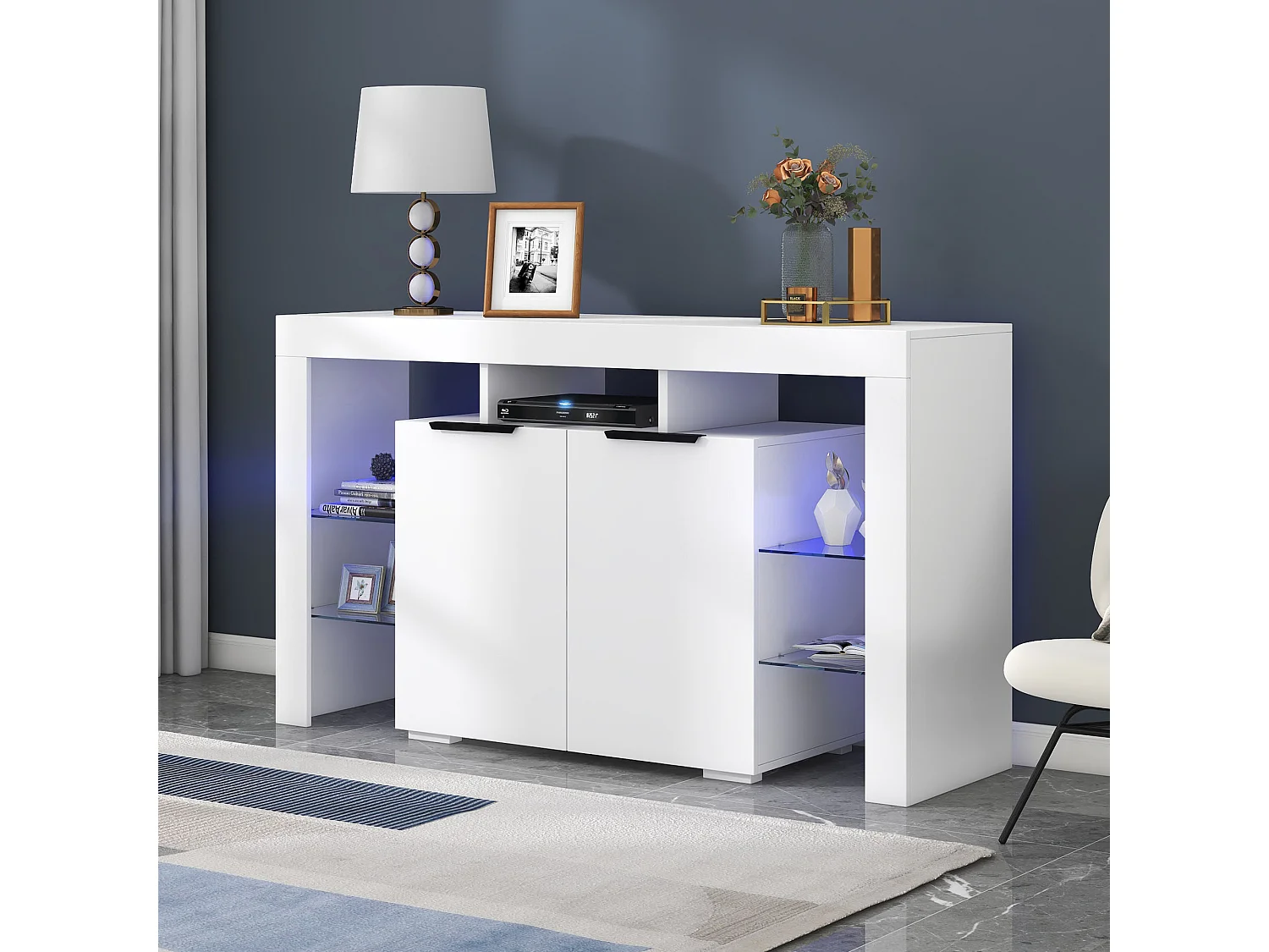 LED eetkamer dressoir met 2 deuren, 4 glazen planken en open opbergruimte - hout - wit (140x40x80 cm)