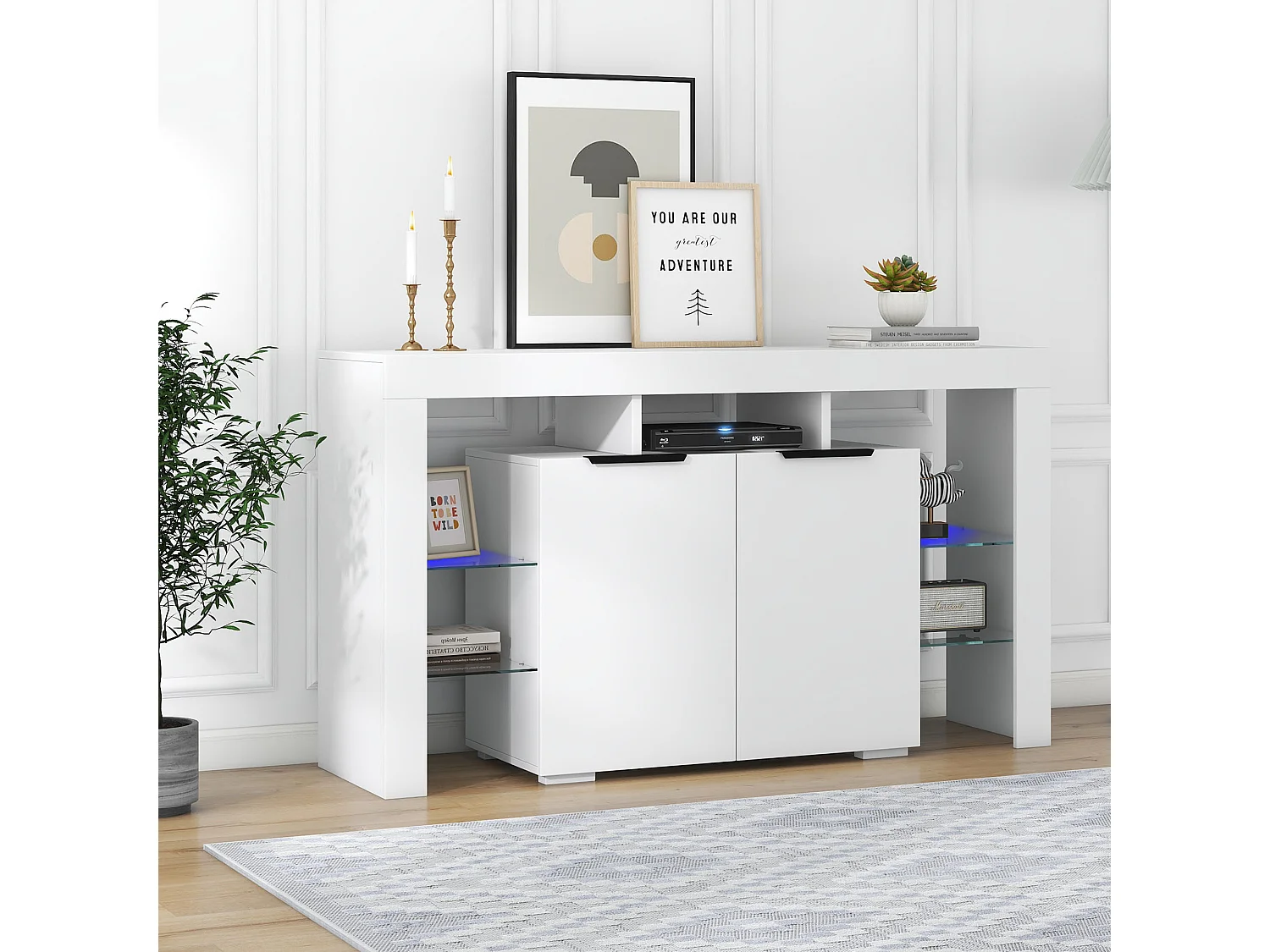 LED eetkamer dressoir met 2 deuren, 4 glazen planken en open opbergruimte - hout - wit (140x40x80 cm)