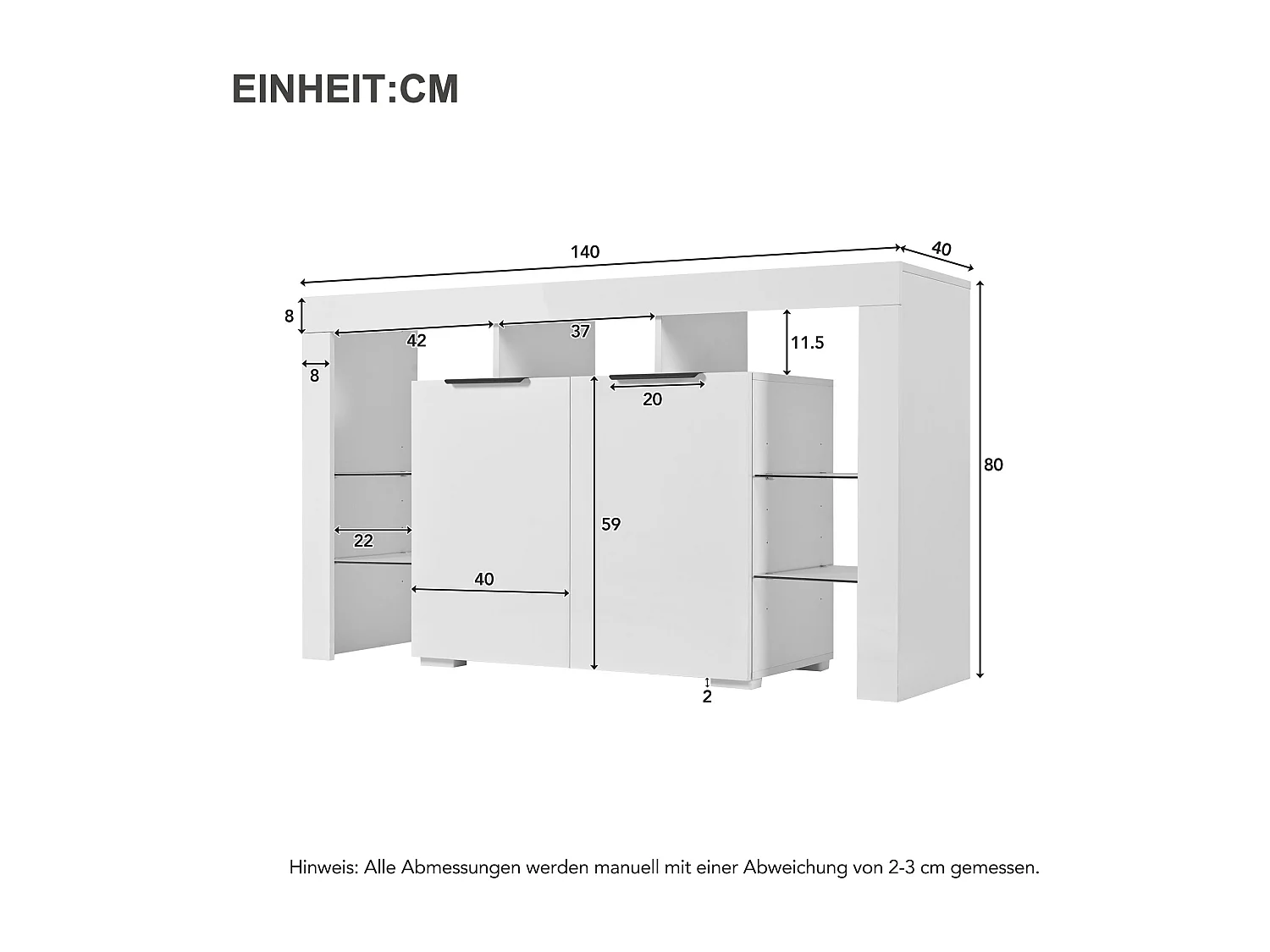 LED eetkamer dressoir met 2 deuren, 4 glazen planken en open opbergruimte - hout - wit (140x40x80 cm)
