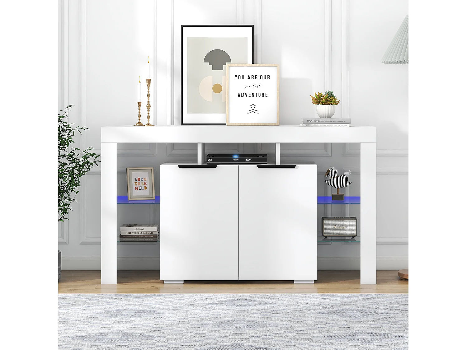 LED eetkamer dressoir met 2 deuren, 4 glazen planken en open opbergruimte - hout - wit (140x40x80 cm)