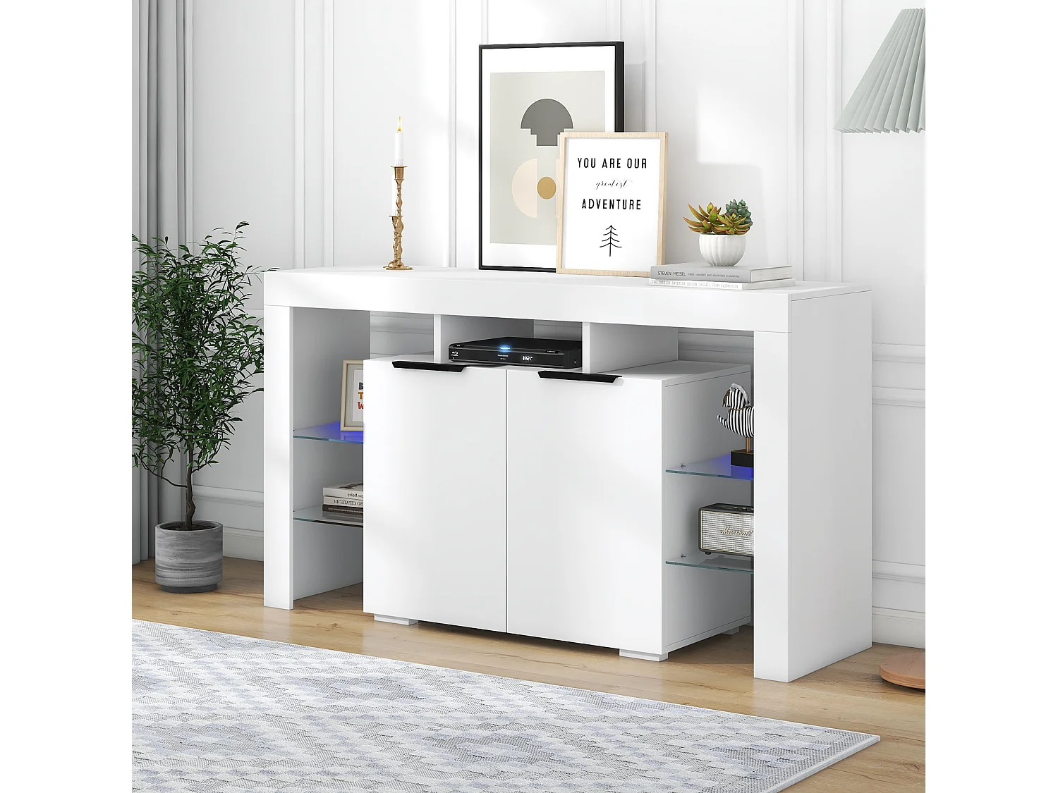 LED eetkamer dressoir met 2 deuren, 4 glazen planken en open opbergruimte - hout - wit (140x40x80 cm)