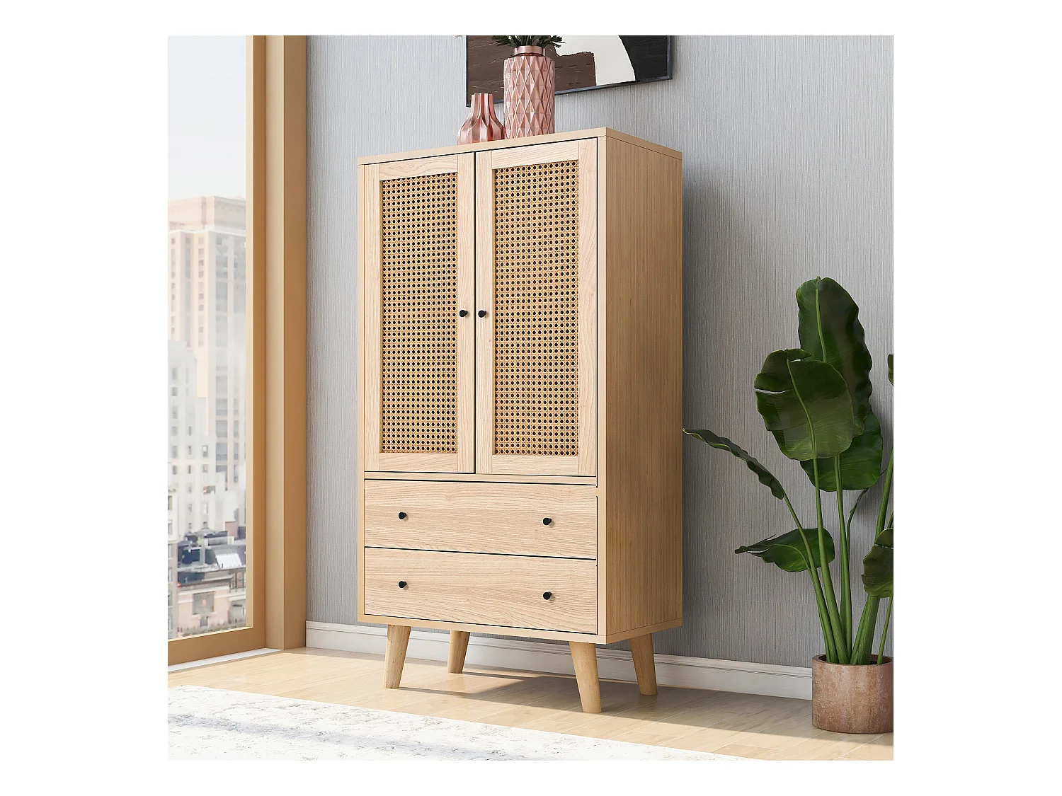 Buffet salle à manger avec 2 portes en rotin 2 tiroirs de rangement - pieds en bois - chêne (60x40x120 cm)