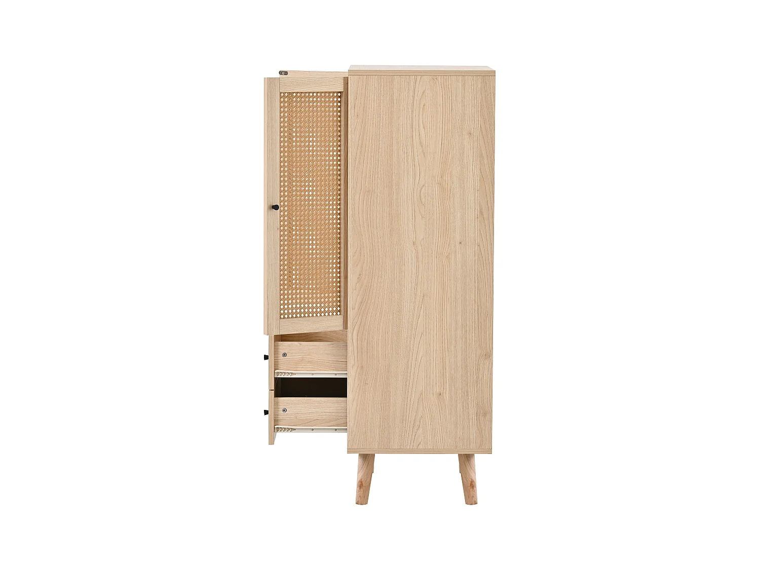 Buffet salle à manger avec 2 portes en rotin 2 tiroirs de rangement - pieds en bois - chêne (60x40x120 cm)