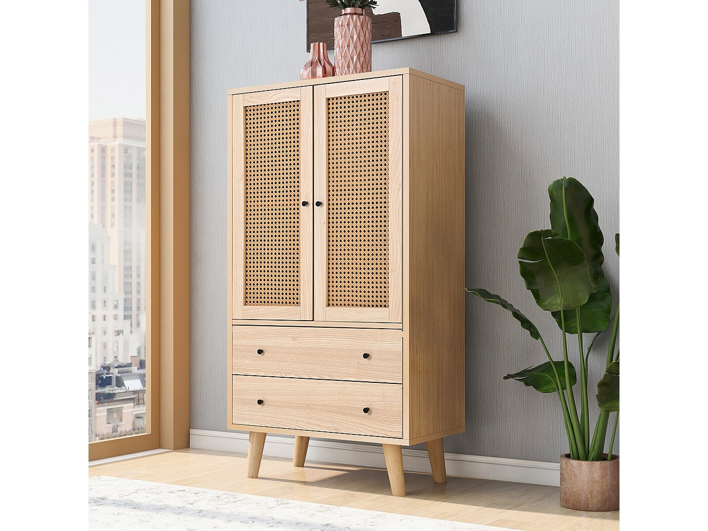 Credenza In Bambù E Rattan Naturale - 2 Ante Con Ripiano Regolabile - 70,1x30x78 Cm - Marrone Castagna - Per Cucina, Soggiorno E Ingresso