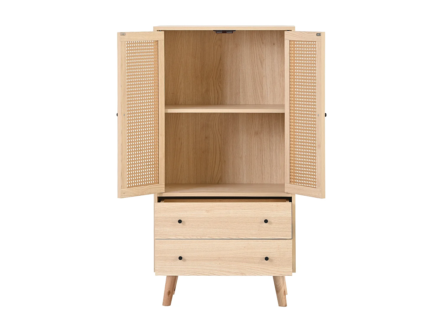 Buffet 60x40x120 cm avec 2 portes en rotin 2 tiroirs de rangement - pieds en bois - chêne