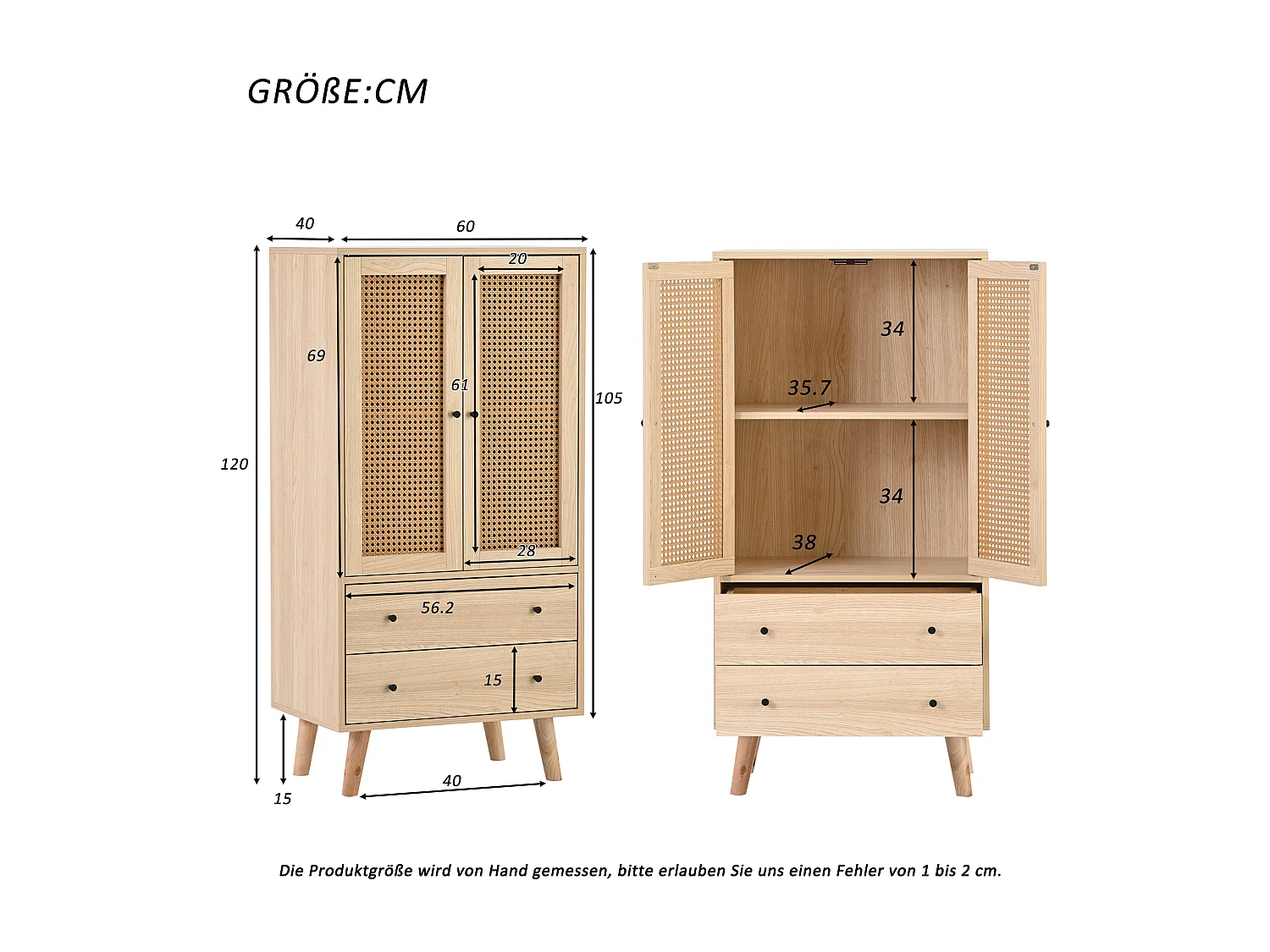 Buffet 60x40x120 cm avec 2 portes en rotin 2 tiroirs de rangement - pieds en bois - chêne
