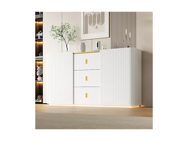 Buffet 150.5x35x80 cm LED avec 2 portes 3 tiroirs - meuble de rangement - bois - blanc