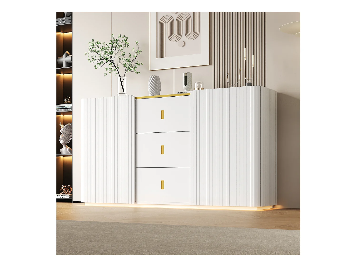 Buffet 150.5x35x80 cm LED avec 2 portes 3 tiroirs - meuble de rangement - bois - blanc