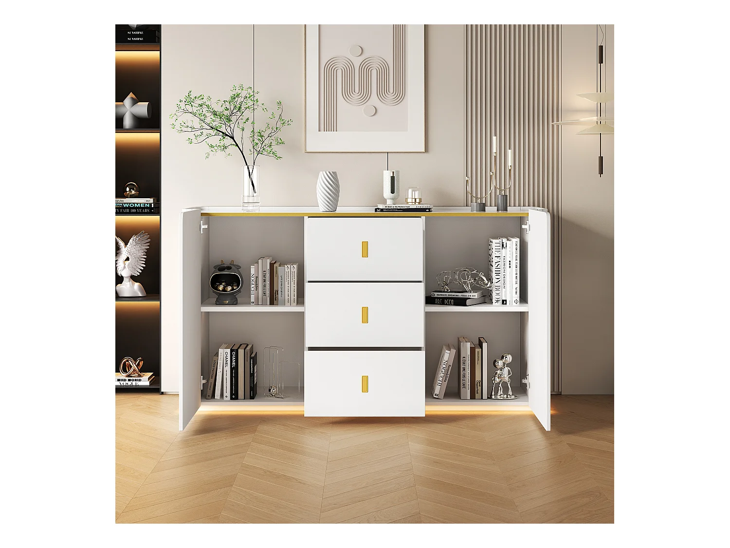 Buffet 150.5x35x80 cm LED avec 2 portes 3 tiroirs - meuble de rangement - bois - blanc