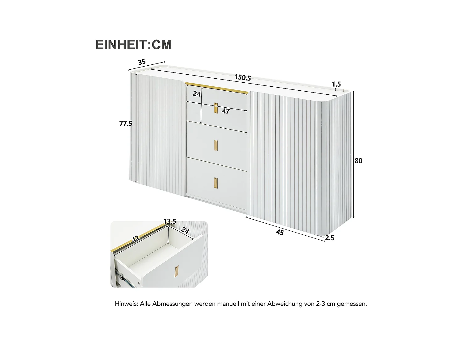 Buffet 150.5x35x80 cm LED avec 2 portes 3 tiroirs - meuble de rangement - bois - blanc