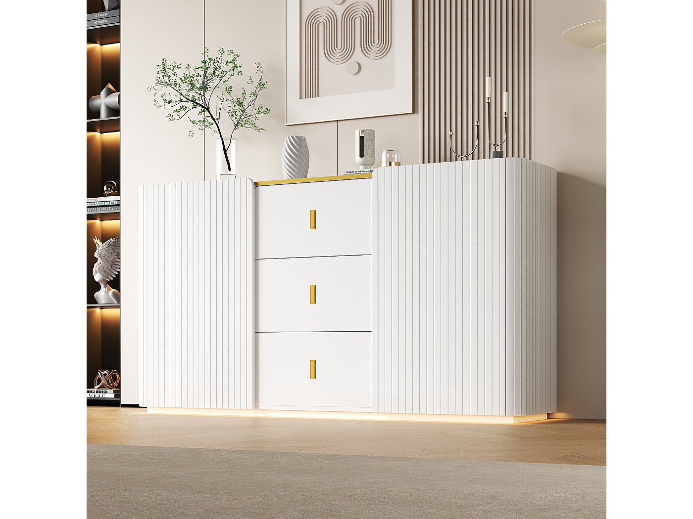 Witte hoge dressoir - Dressoir met 6 deuren en 3 lades - LED