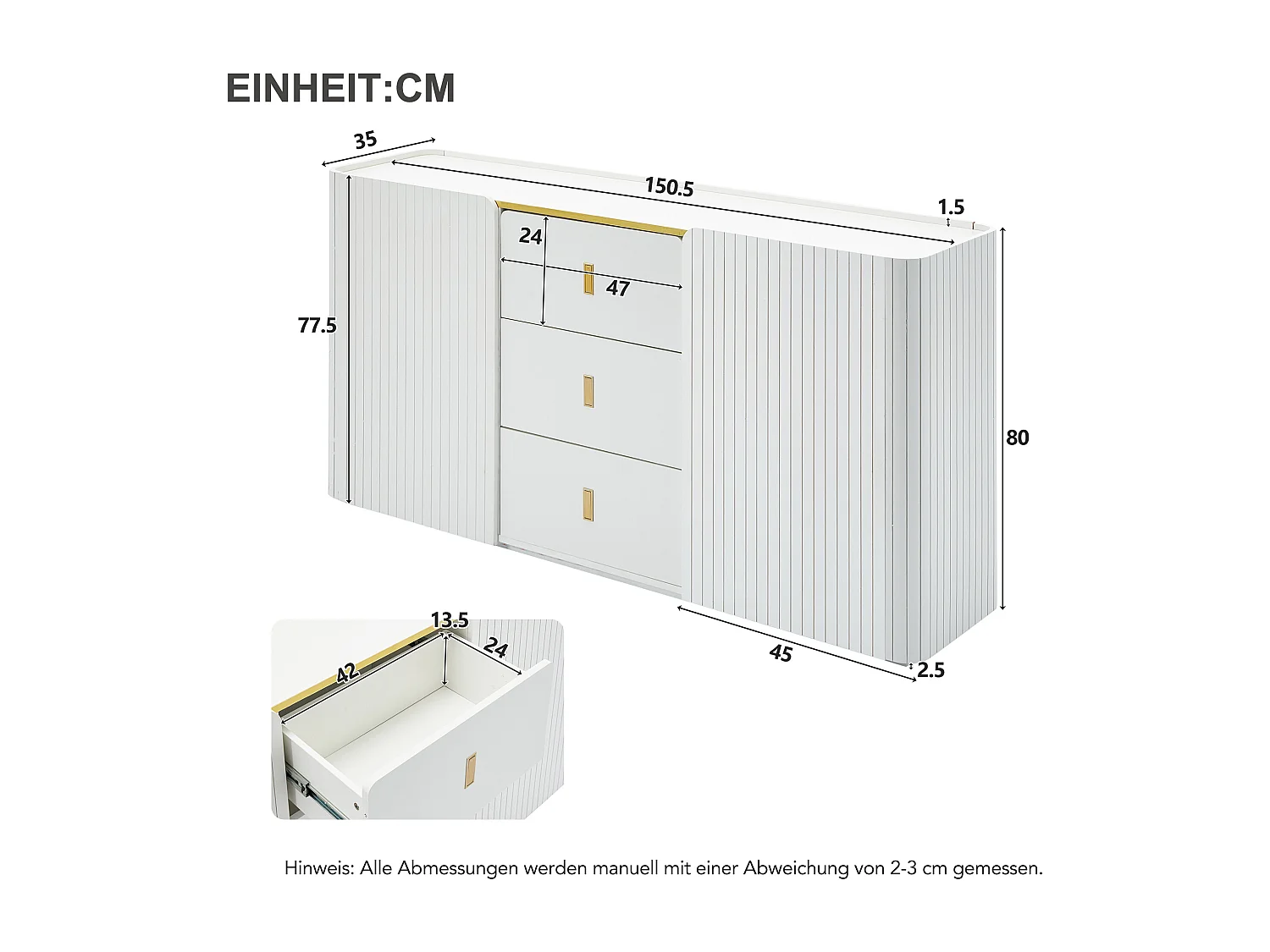 LED eetkamer dressoir met 2 deuren en 3 laden - opbergmeubel - hout - wit (150,5x35x80 cm)