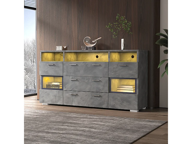 LED eetkamer dressoir met 2 deuren, 3 laden en open opbergruimte - hout - grijs (140x33,5x72,5 cm)